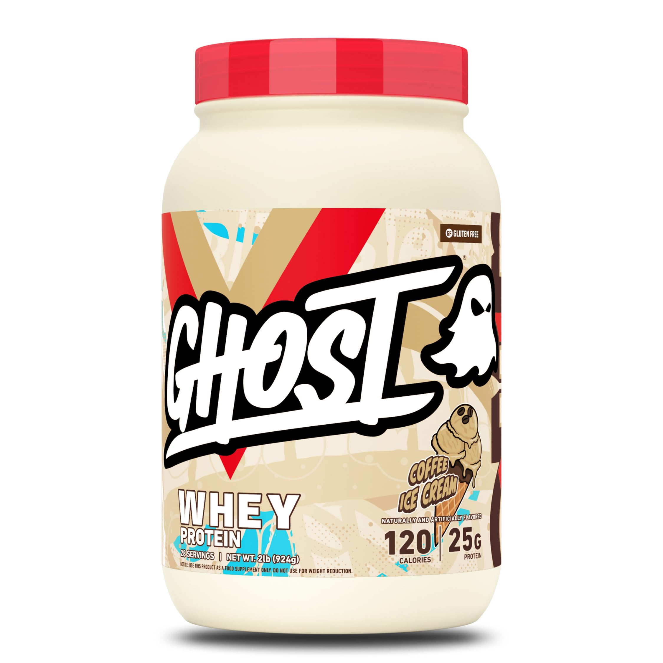 GHOST envase frontal mostrando sabor Coffee Ice Cream y beneficio de 25 g proteína