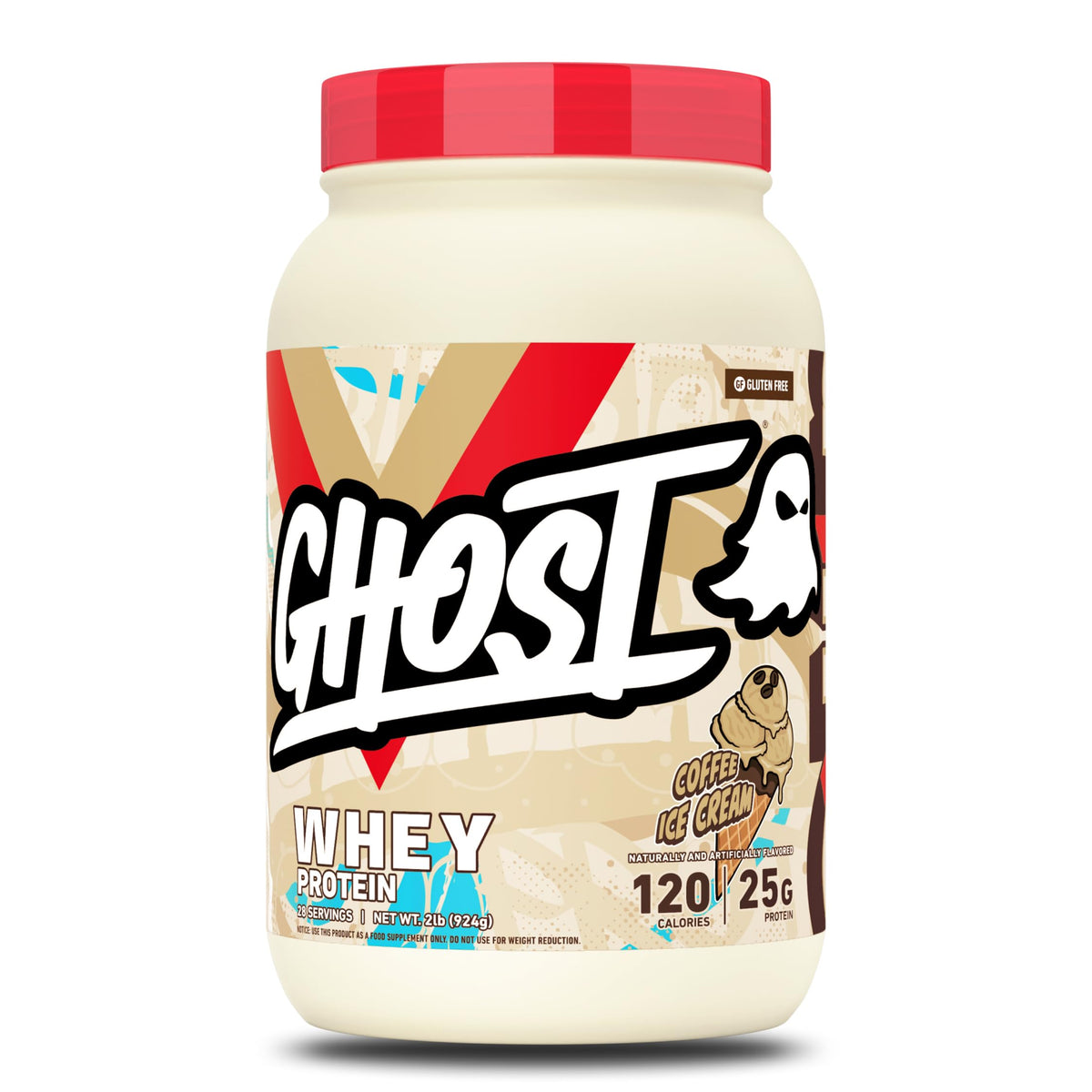 GHOST envase frontal mostrando sabor Coffee Ice Cream y beneficio de 25 g proteína