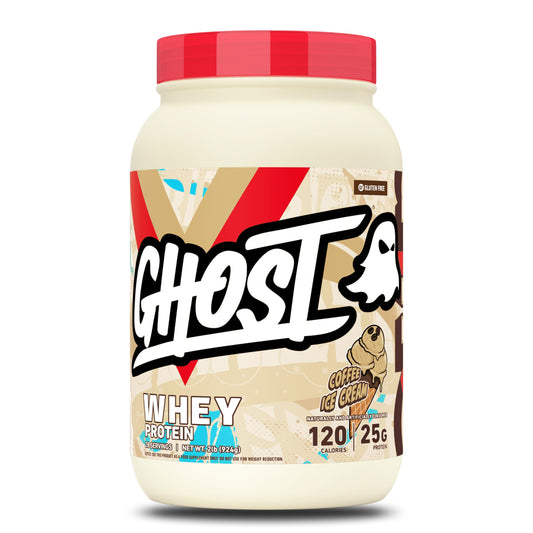 GHOST envase frontal mostrando sabor Coffee Ice Cream y beneficio de 25 g proteína