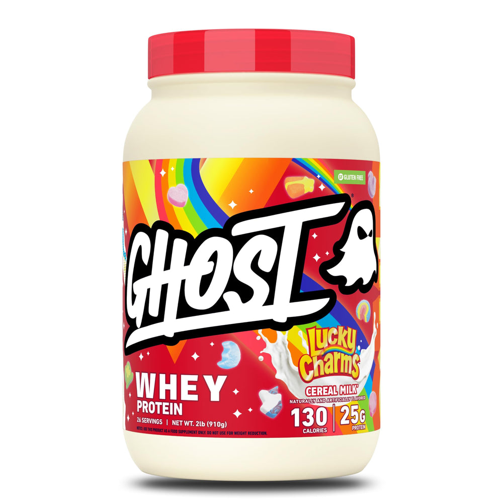 GHOST tarro frontal mostrando marca y sabor Lucky Charms, atractivo visual