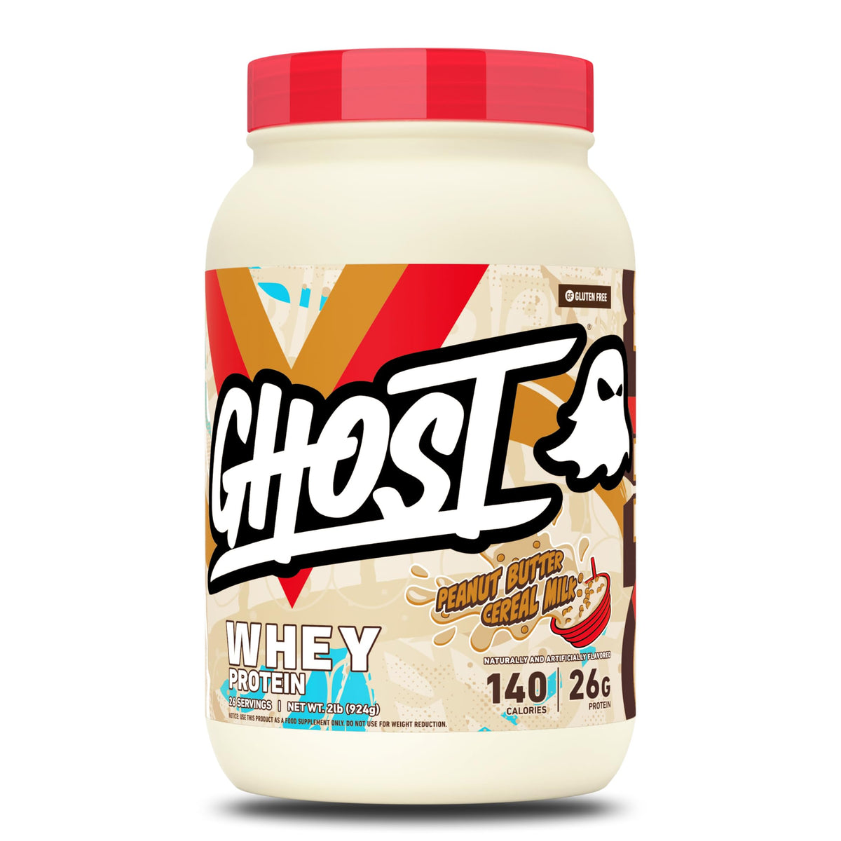GHOST envase frontal mostrando sabor Peanut Butter Cereal Milk y beneficios proteicos