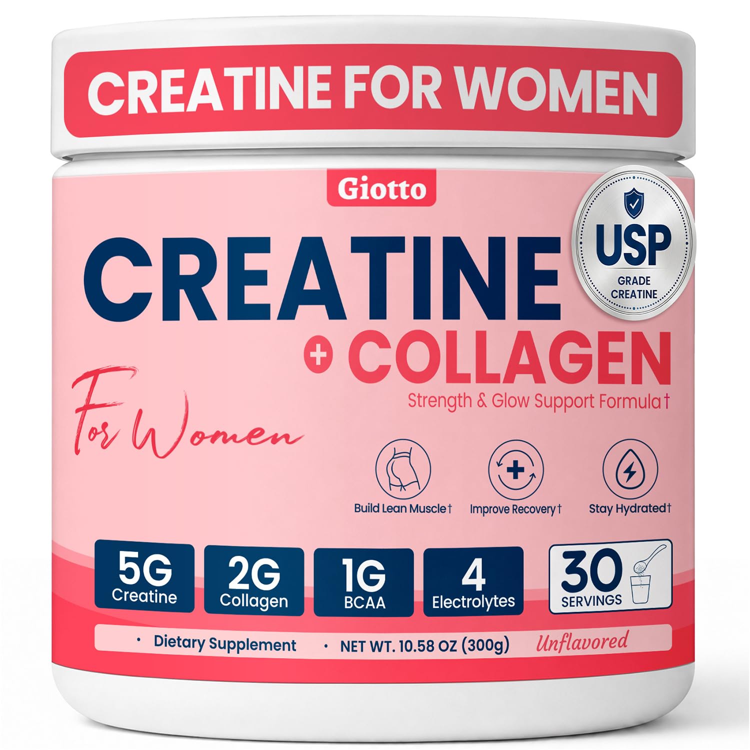 Envase frontal de Giotto Creatine mostrando diseño y 30 servicios, beneficio claridad