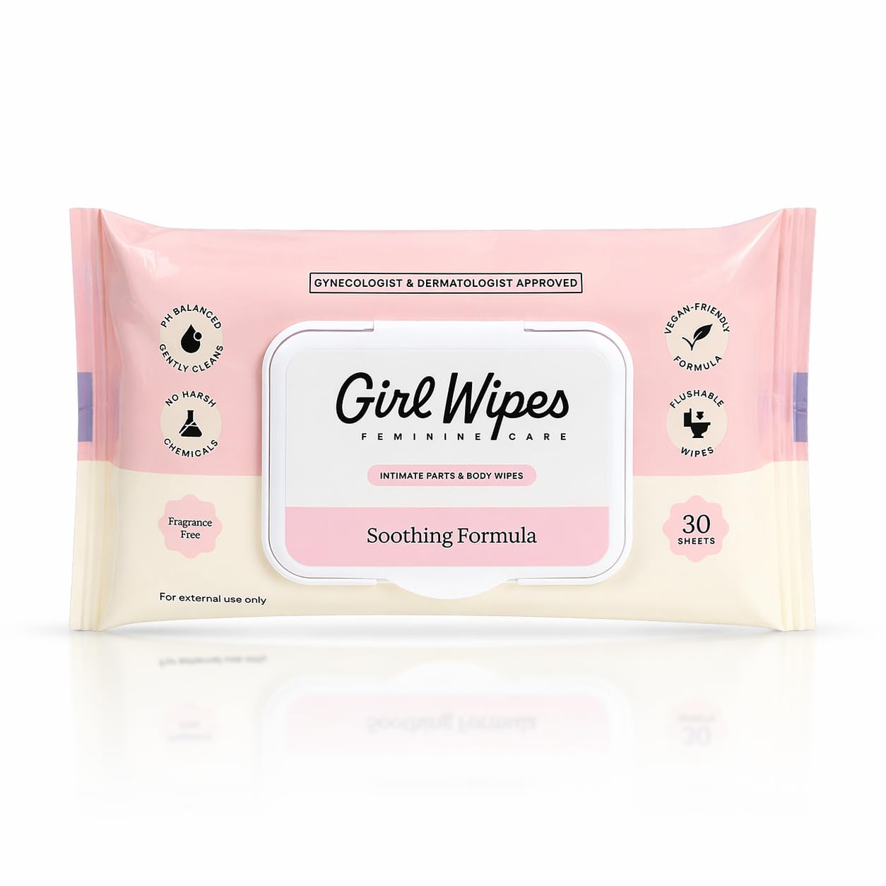 GIRLWIPES frente del paquete mostrando diseño práctico y fácil acceso
