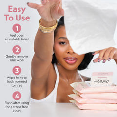 GIRLWIPES toallita en mano demostrando tamaño y manejo confortable