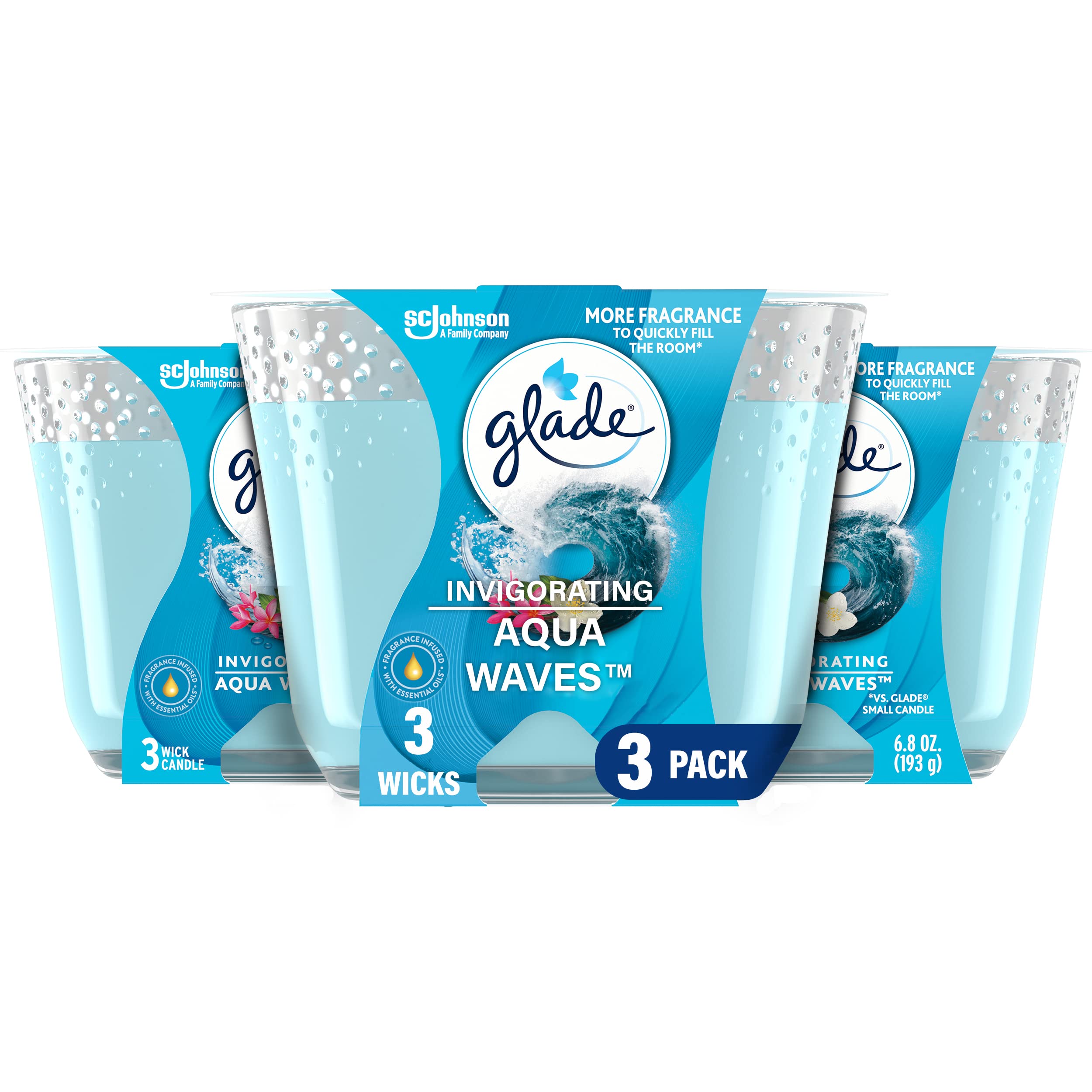 Vela Glade Aqua Waves frente del envase mostrando diseño y beneficio aromático