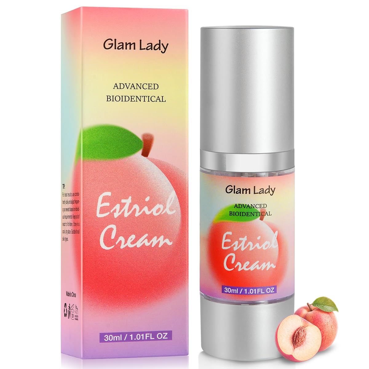 Glam Lady envase frontal mostrando 1 oz y diseño, beneficio visual de confianza