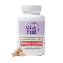 Envase frontal de GLEEFULL SUPPS Meno Shred mostrando diseño y tamaño, aporta confianza