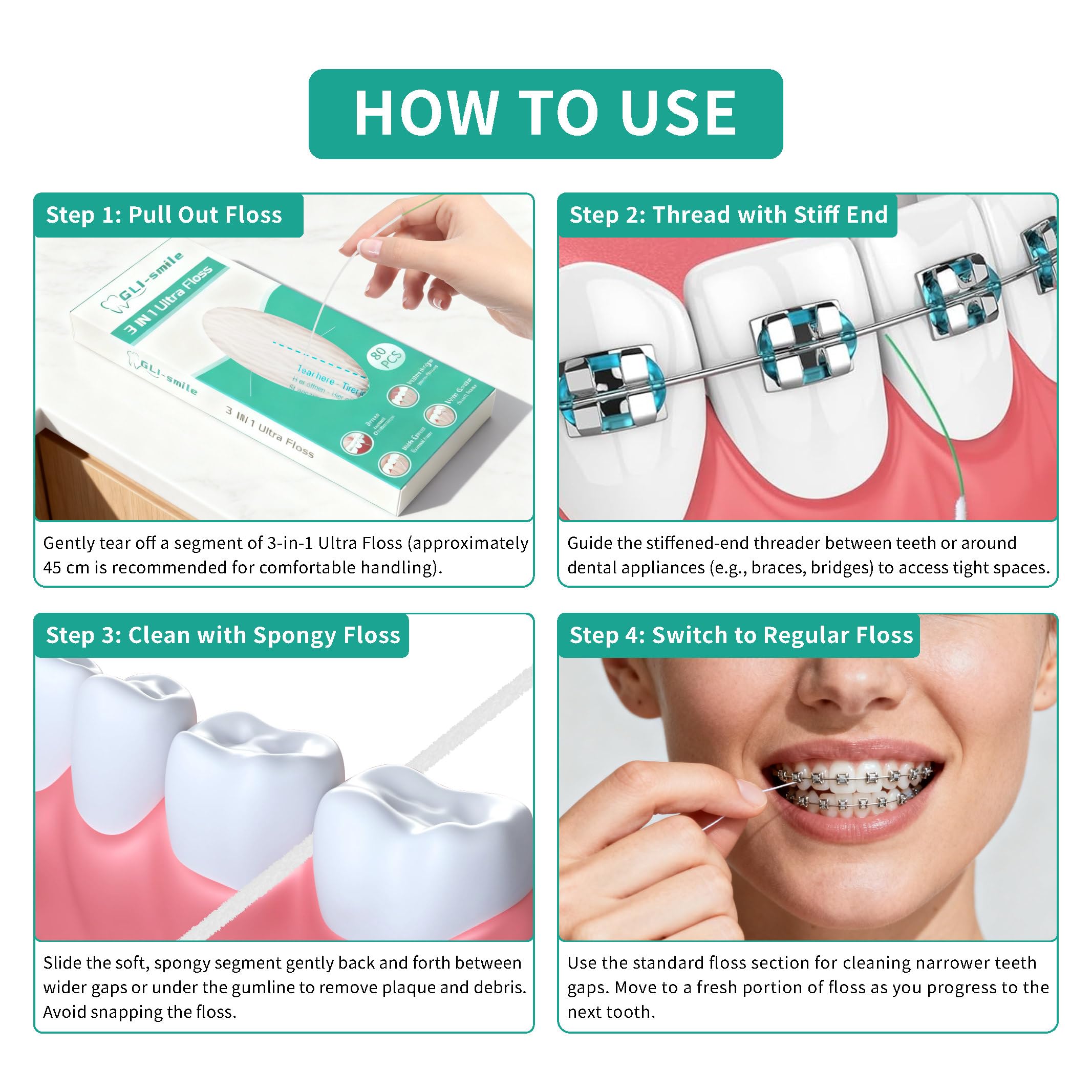 GLI-Smile uso con brackets mostrando entrada bajo arco para limpieza efectiva