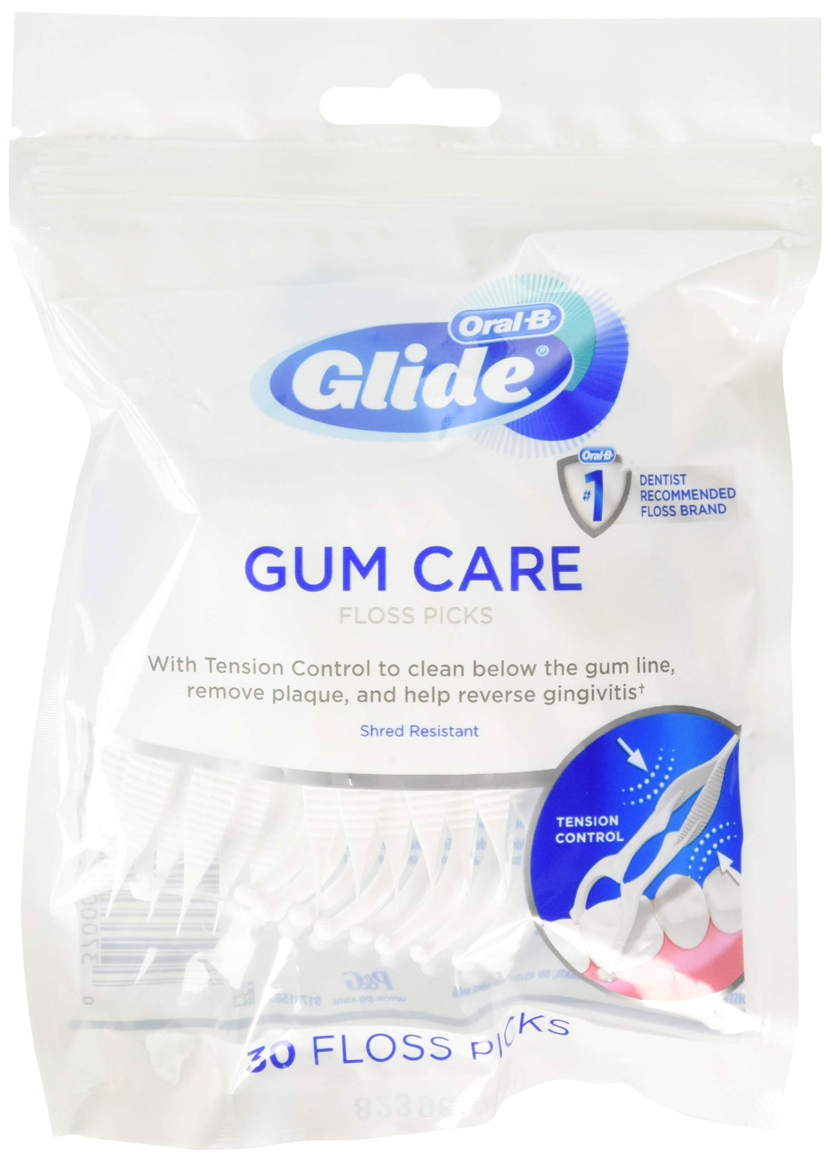 Glide envase frontal mostrando 30 floss picks por paquete y conveniencia portátil