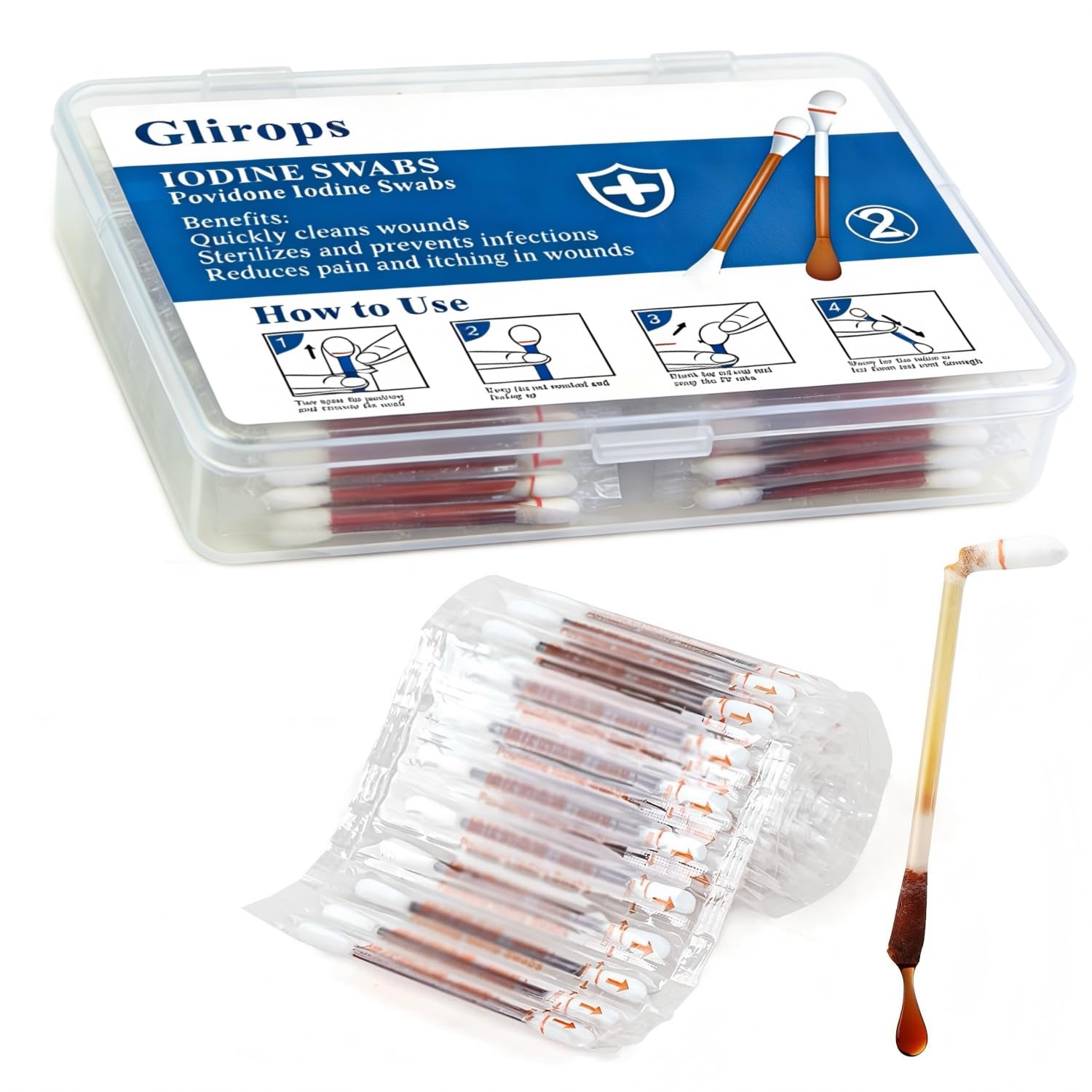 Glirops presentación frontal con 100 swabsticks, solución lista y portable