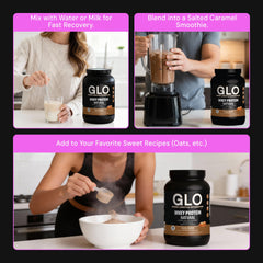 Primer plano de la etiqueta nutricional de GLO mostrando ingredientes y pureza