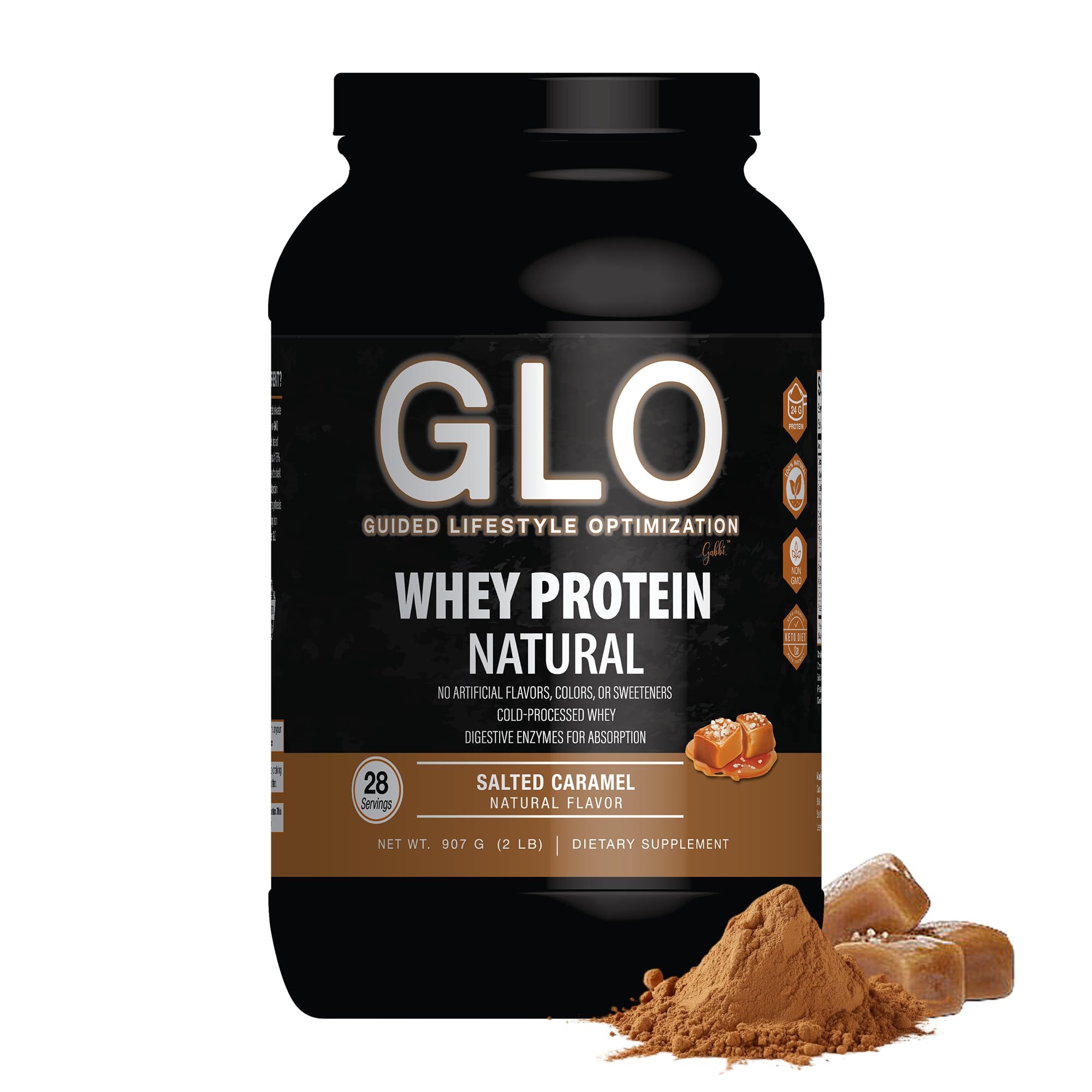 GLO envase frontal sabor salted caramel mostrando porciones y diseño, atractivo visual