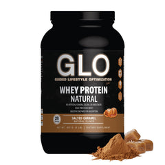 GLO envase frontal sabor salted caramel mostrando porciones y diseño, atractivo visual