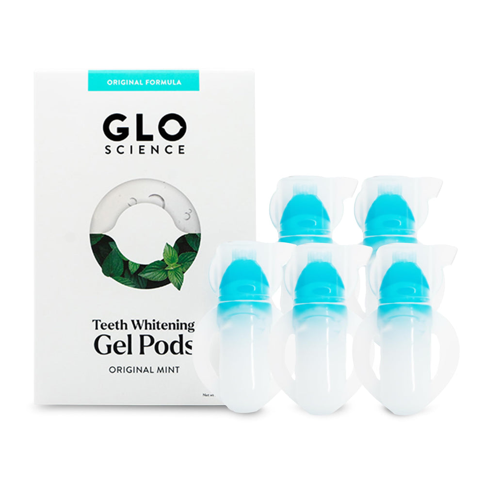 Glo gel blanqueador en frente de empaque mostrando 10 pods y beneficio de dosificación controlada