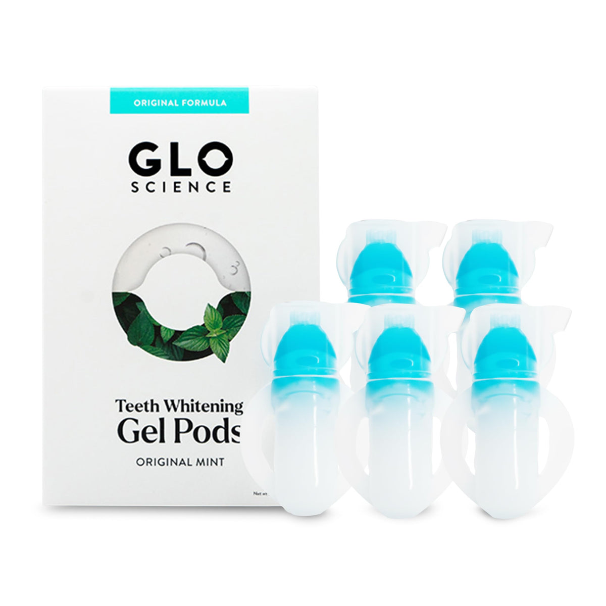 Glo gel blanqueador en frente de empaque mostrando 10 pods y beneficio de dosificación controlada