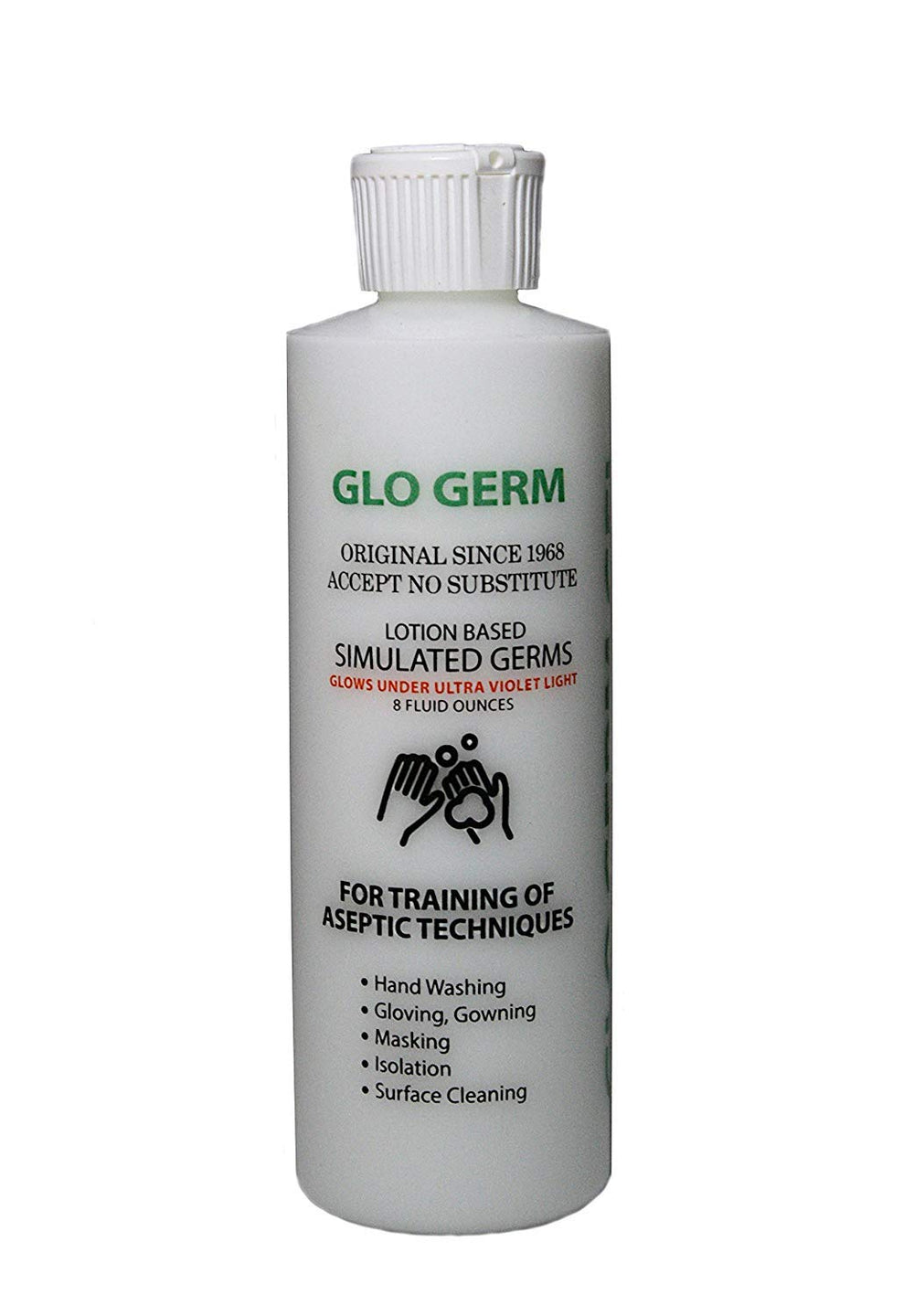 GLO GERM frasco frontal mostrando etiqueta y claridad para demostraciones efectivas