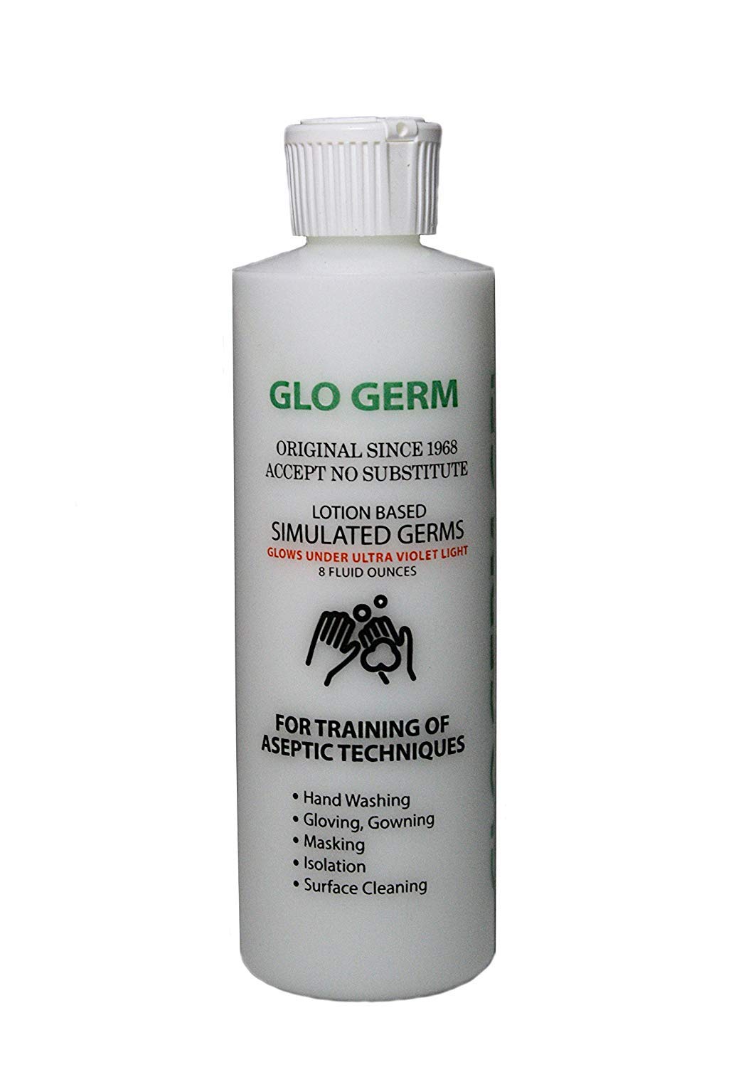GLO GERM frasco frontal mostrando etiqueta y claridad para demostraciones efectivas