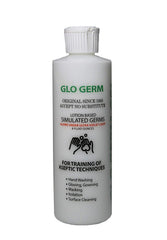 GLO GERM frasco frontal mostrando etiqueta y claridad para demostraciones efectivas