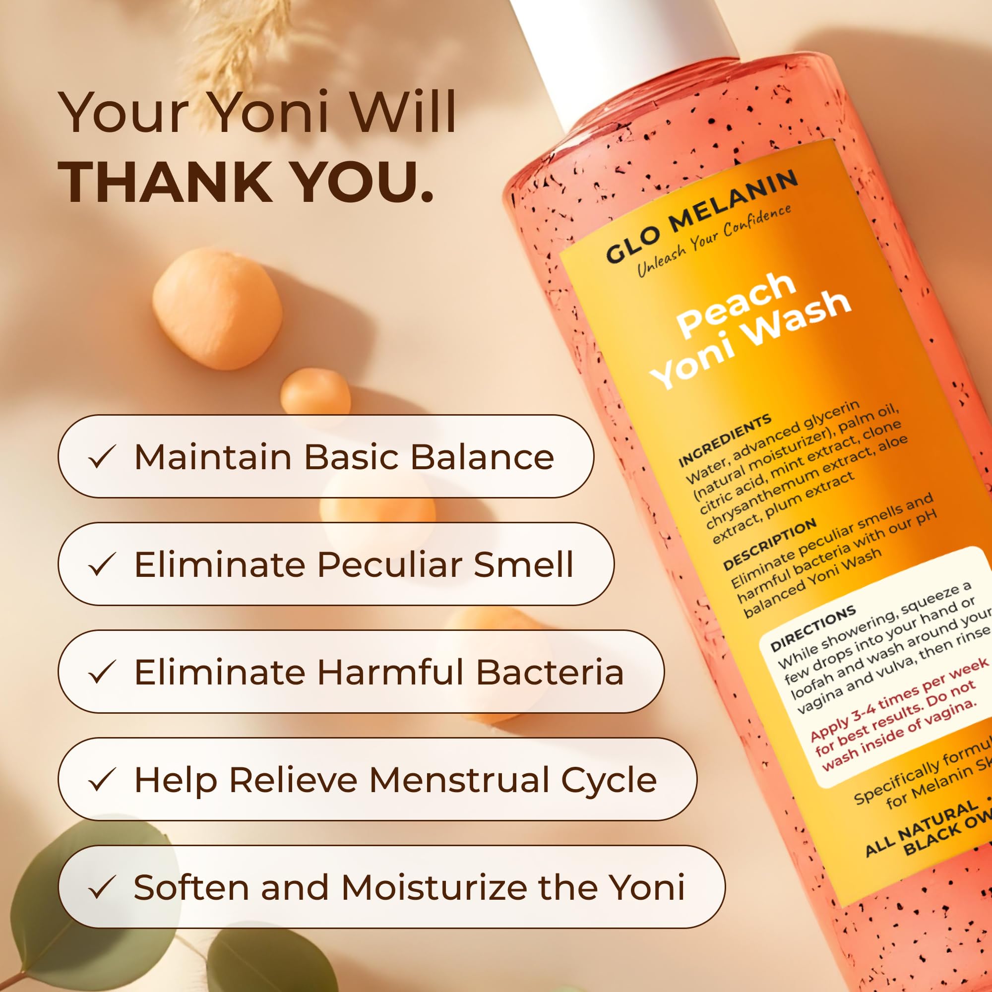 Glo Melanin etiqueta con ingredientes y pH balanceado claro