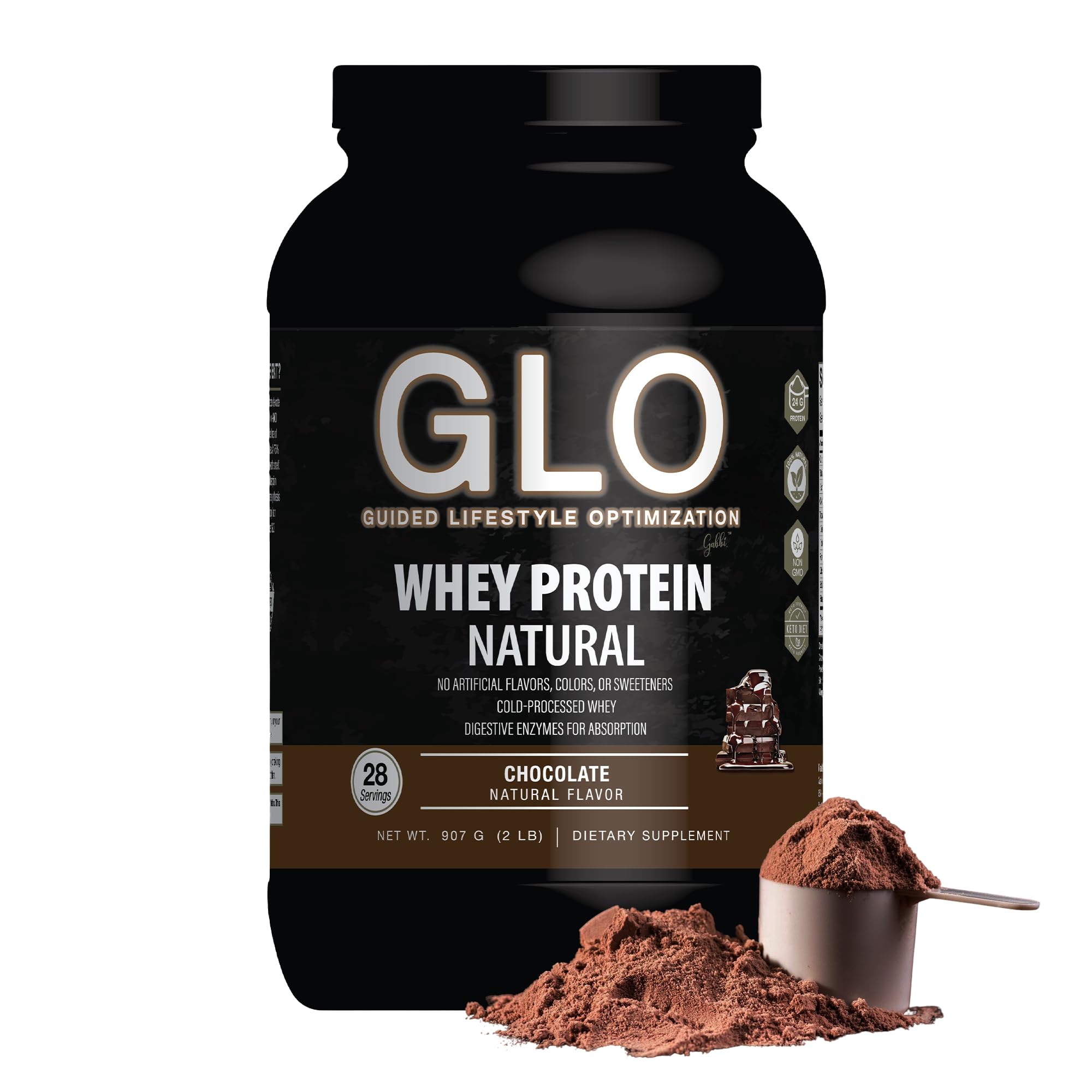 Envase GLO Cold-Processed Whey Protein chocolate vista frontal mostrando rendimiento