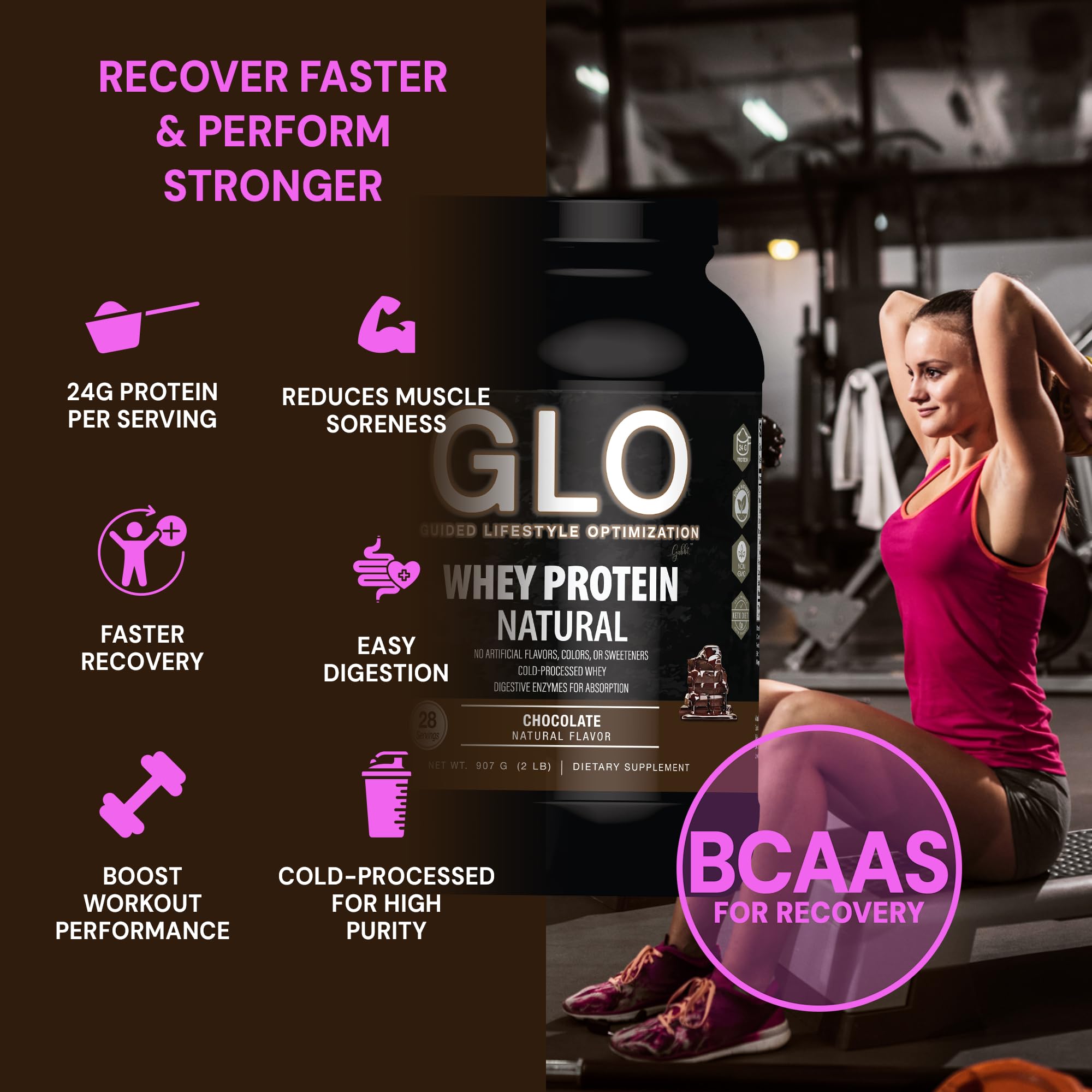 Detalle de la etiqueta nutricional GLO Whey mostrando proteína y BCAA