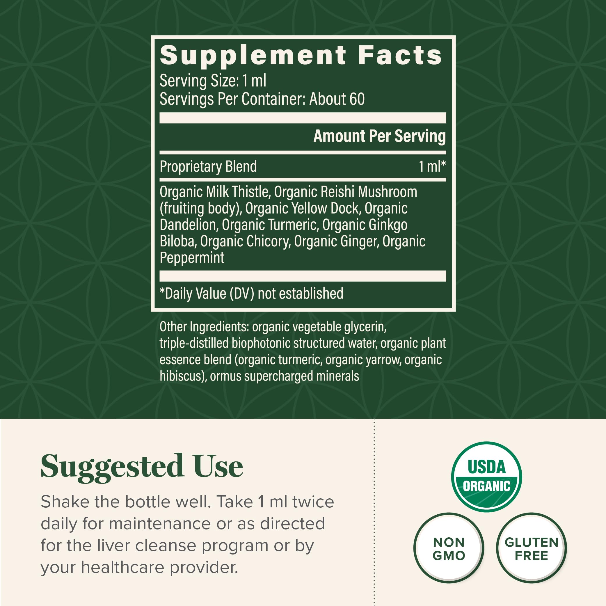 Global Healing Center etiqueta informativa visible con beneficios y ingredientes