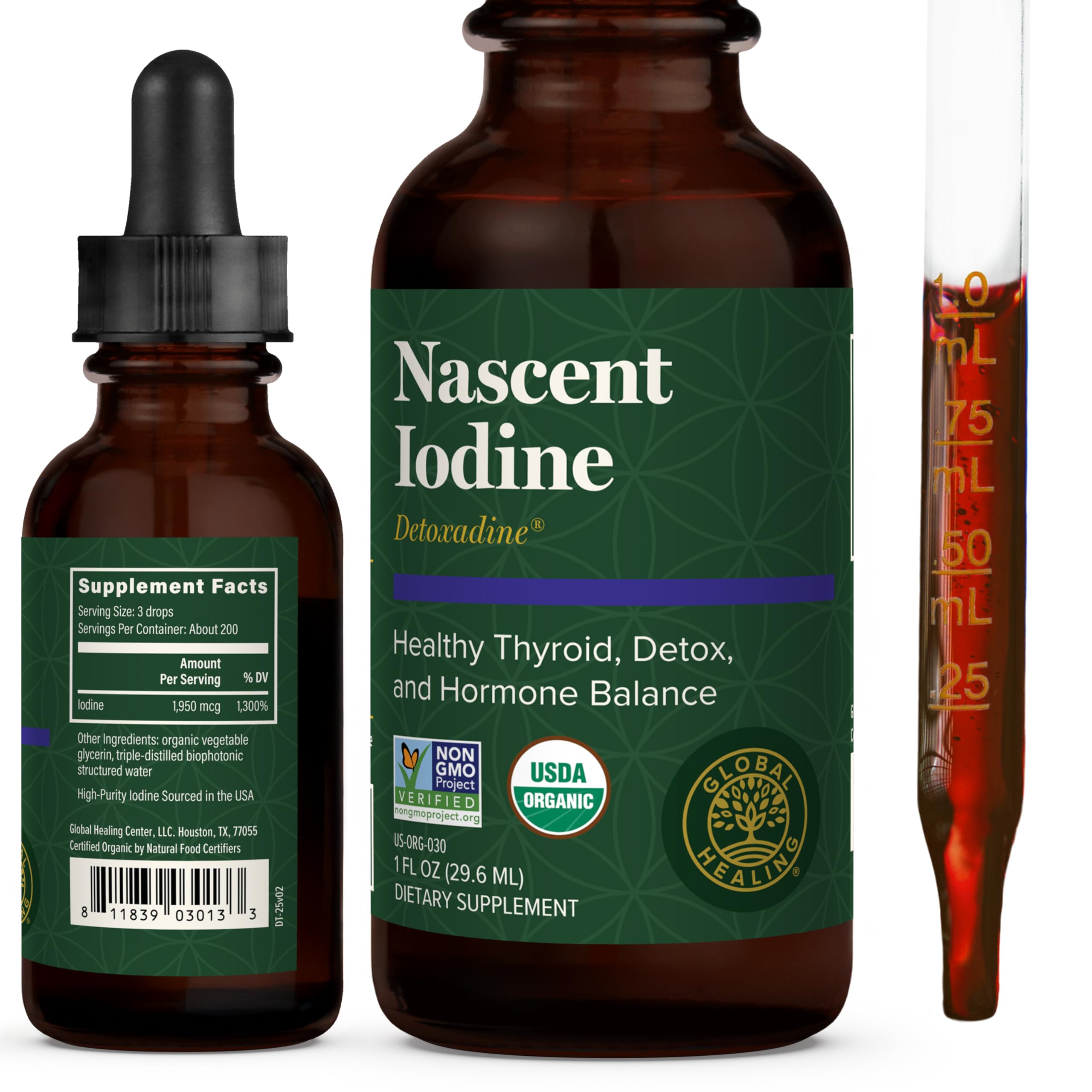 Global Healing Center frasco delantero Detoxadine mostrando el envase y marca