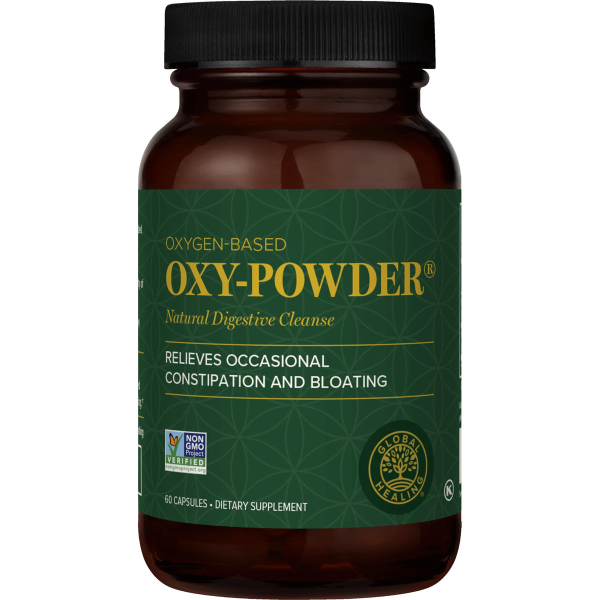 Global Healing Center Oxy Powder frasco frontal mostrando presentación y uso