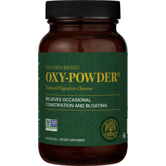 Global Healing Center Oxy Powder frasco frontal mostrando presentación y uso