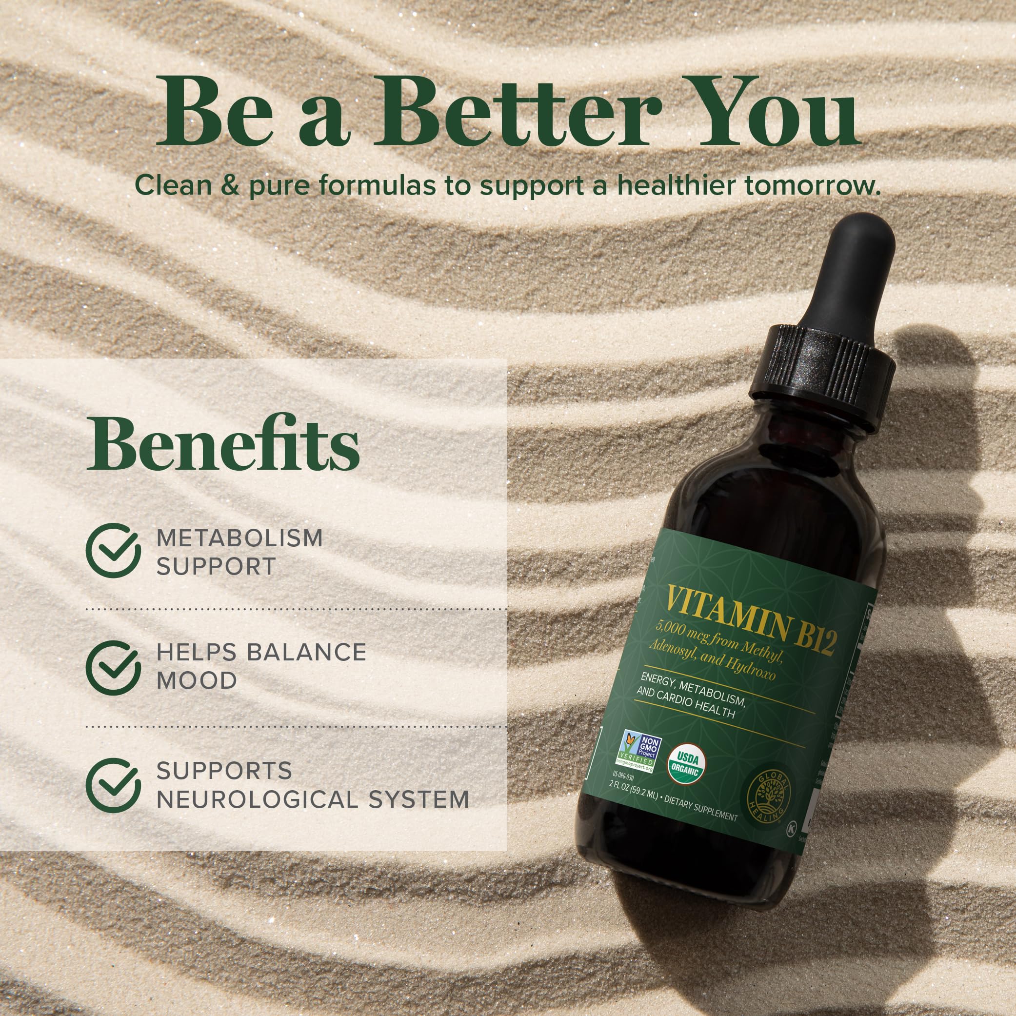 Global Healing Center etiqueta de Vitamin B12 mostrando metilcobalamina y pureza orgánica