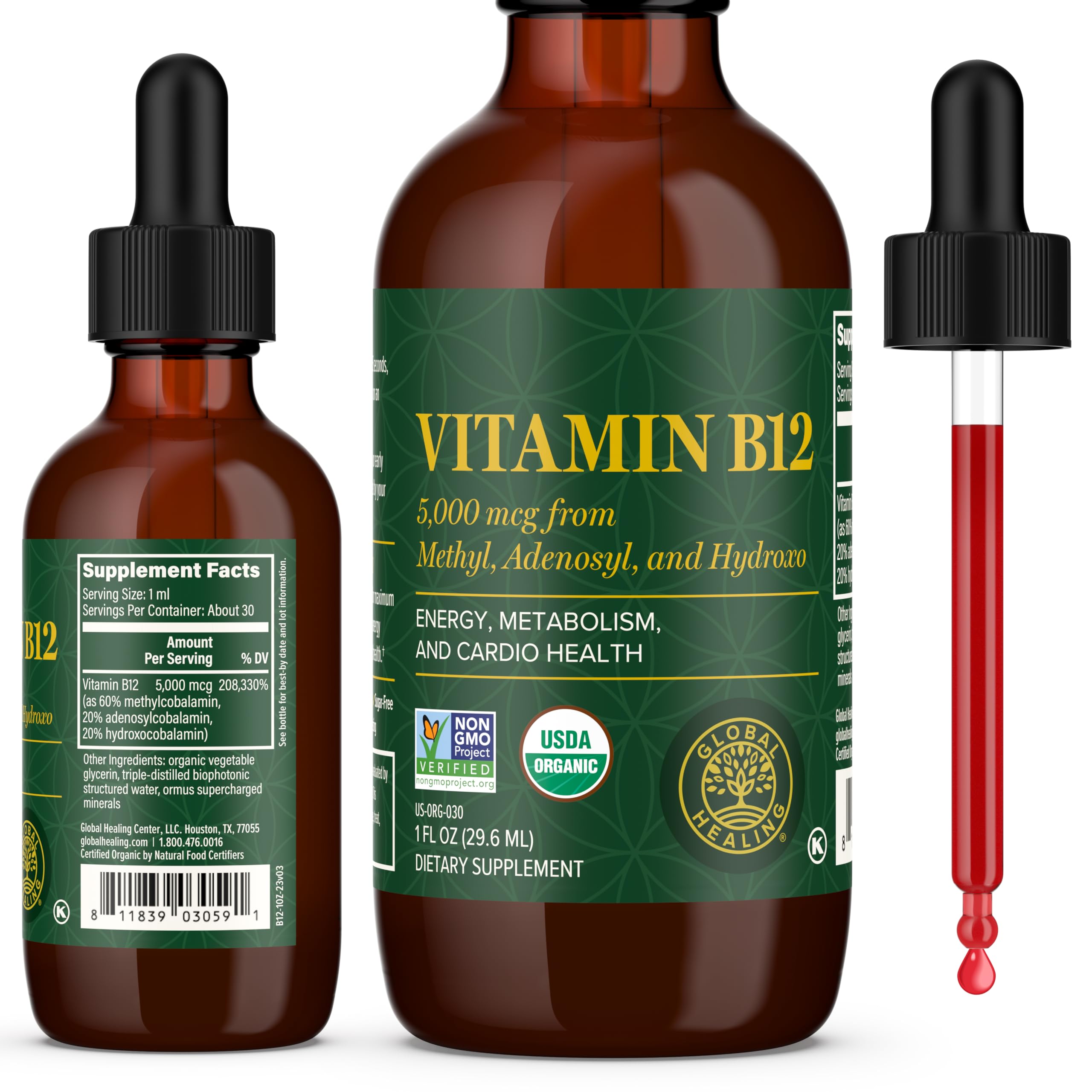 Global Healing Center envase frontal B12 5000 mcg muestra claridad y confianza