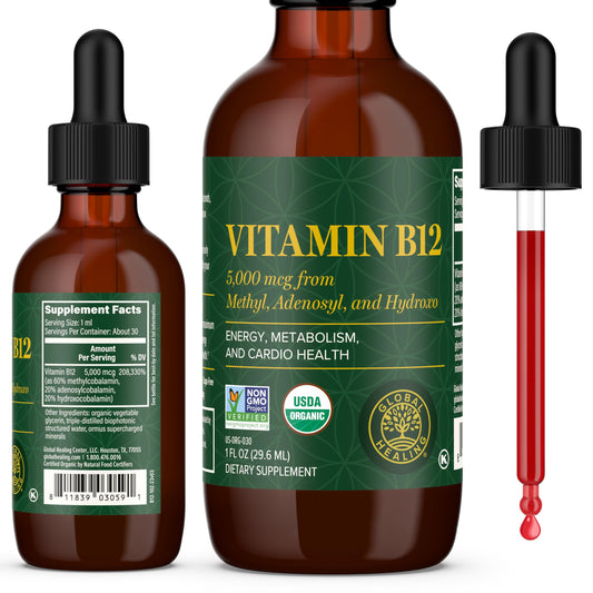 Global Healing Center envase frontal B12 5000 mcg muestra claridad y confianza