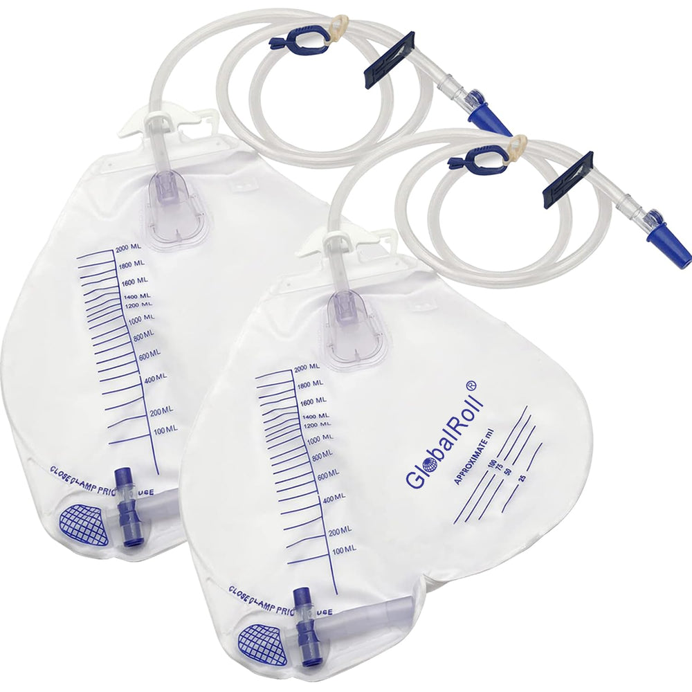 GlobalRoll bolsa de drenaje frontal mostrando capacidad 2000 ml y cierre seguro