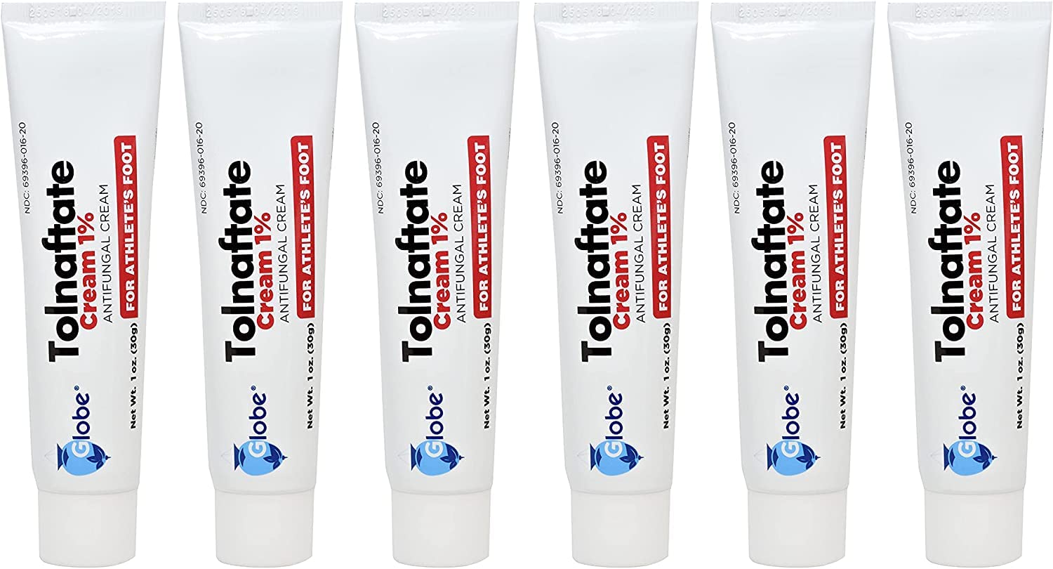 Globe Pharmacy envase frontal de tolnaftate 1% que destaca la protección antifúngica