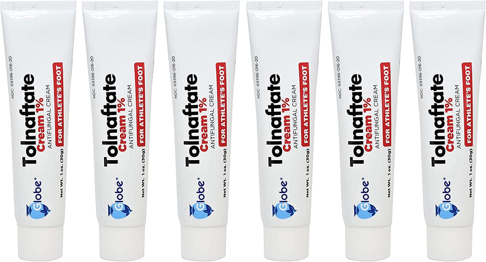 Globe Pharmacy envase frontal de tolnaftate 1% que destaca la protección antifúngica