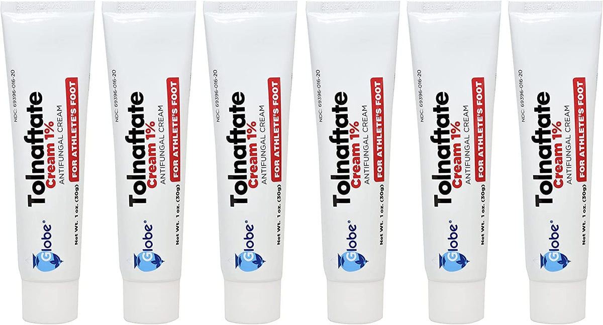Globe Pharmacy envase frontal de tolnaftate 1% que destaca la protección antifúngica