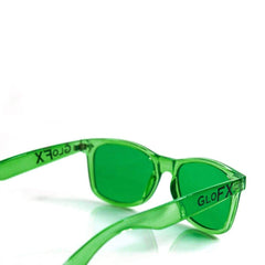 GloFX lentes verdes iluminadas demostrando filtrado y reducción de fatiga