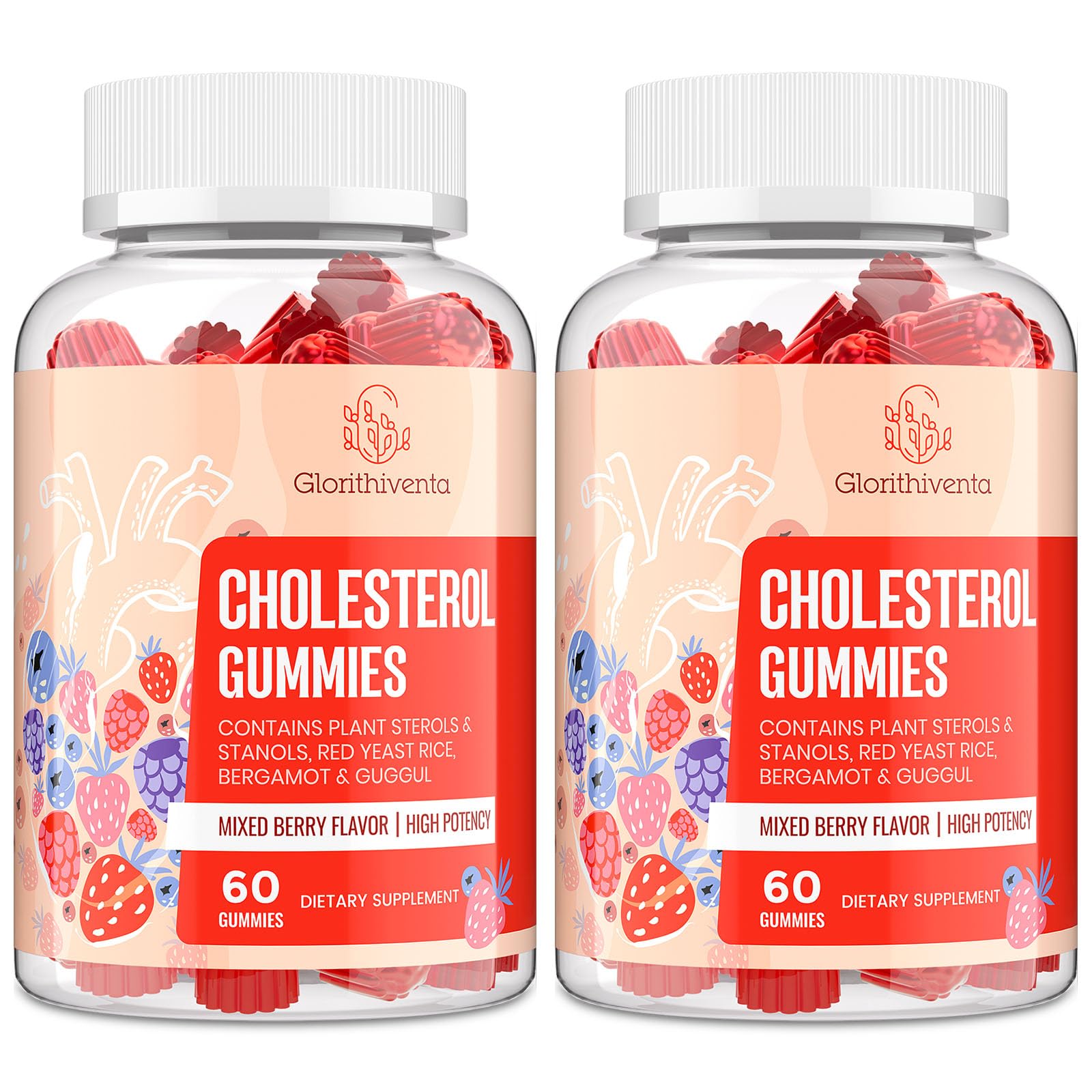 Glorithiventa envase frontal que muestra 120 gomitas veganas y conveniencia