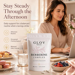 glov berberine envase junto a desayuno representando inclusión diaria fácil