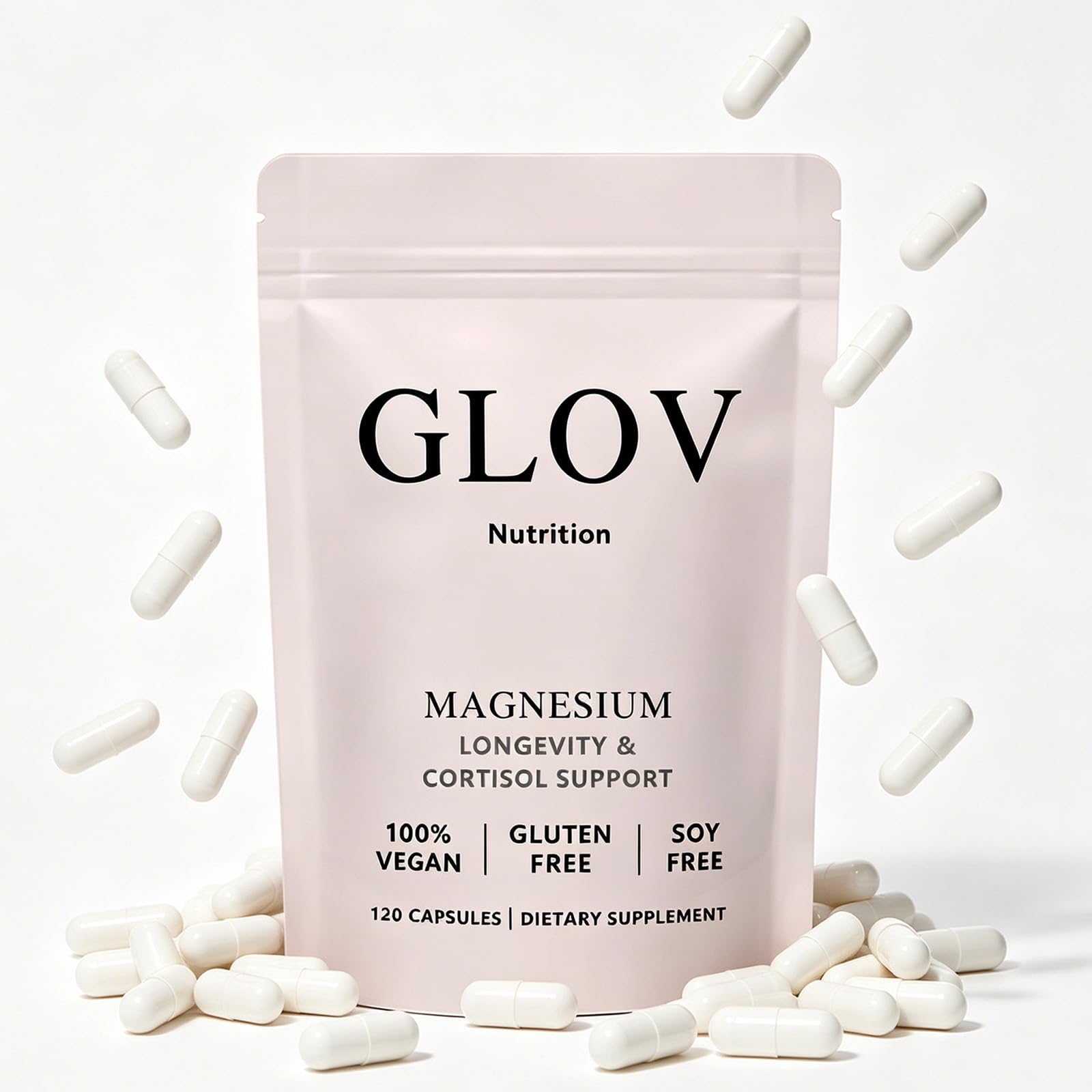 Glov Nutrition frontal del envase mostrando 120 cápsulas y conveniencia