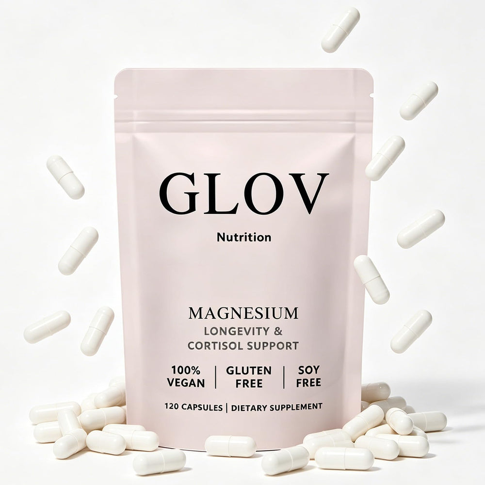 Glov Nutrition frontal del envase mostrando 120 cápsulas y conveniencia
