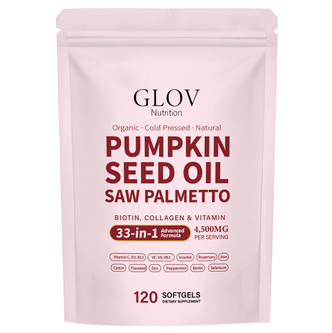 Glov Nutrition frasco frontal mostrando 120 softgels y presentación práctica