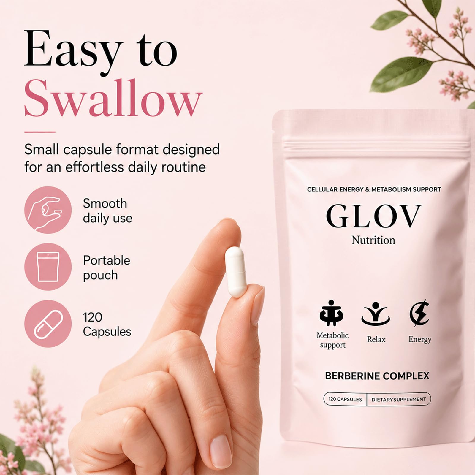 Glov Organic cápsulas desplegadas mostrando cantidad del frasco para suministro prolongado
