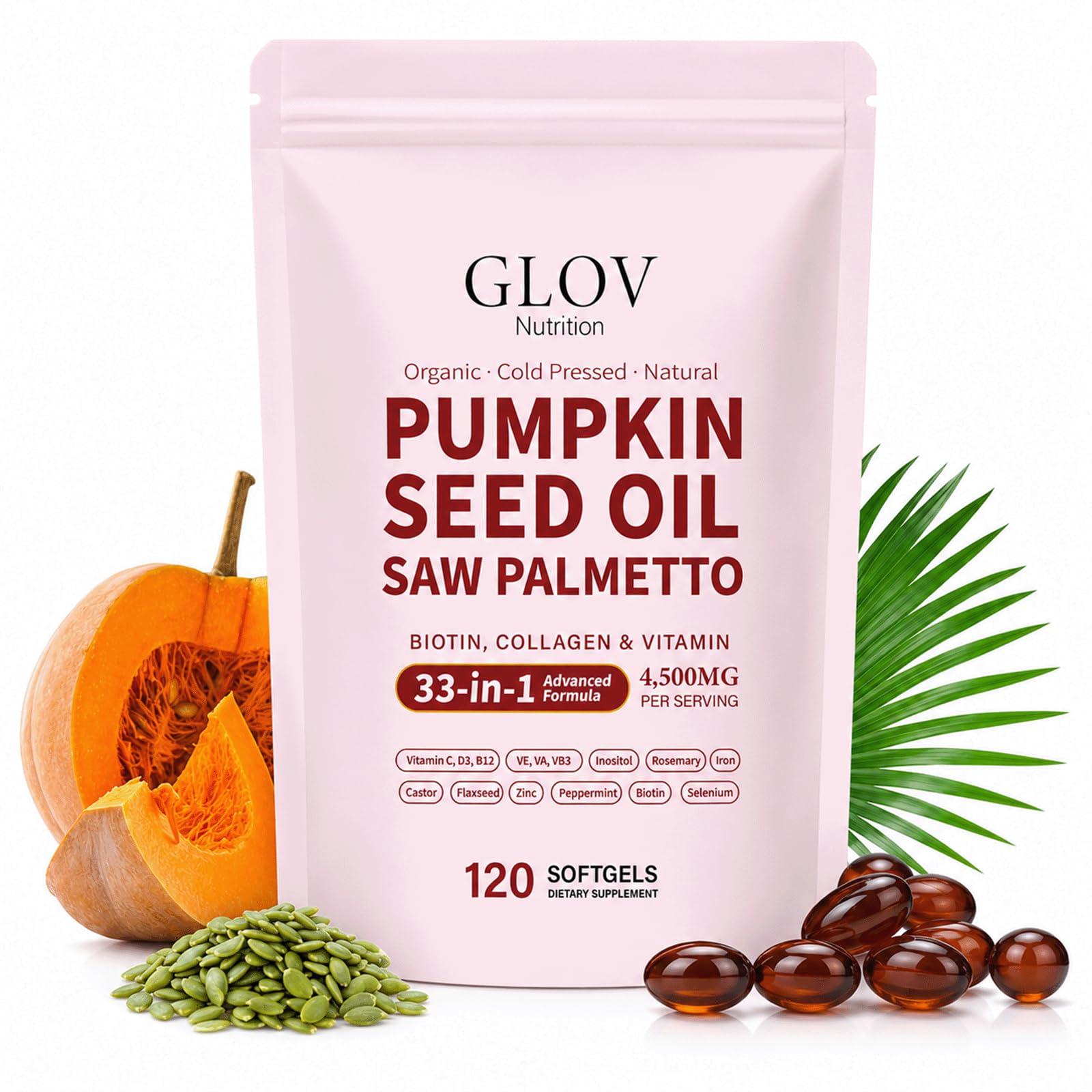 Glov Organic frasco frontal mostrando 120 cápsulas, conveniencia diaria