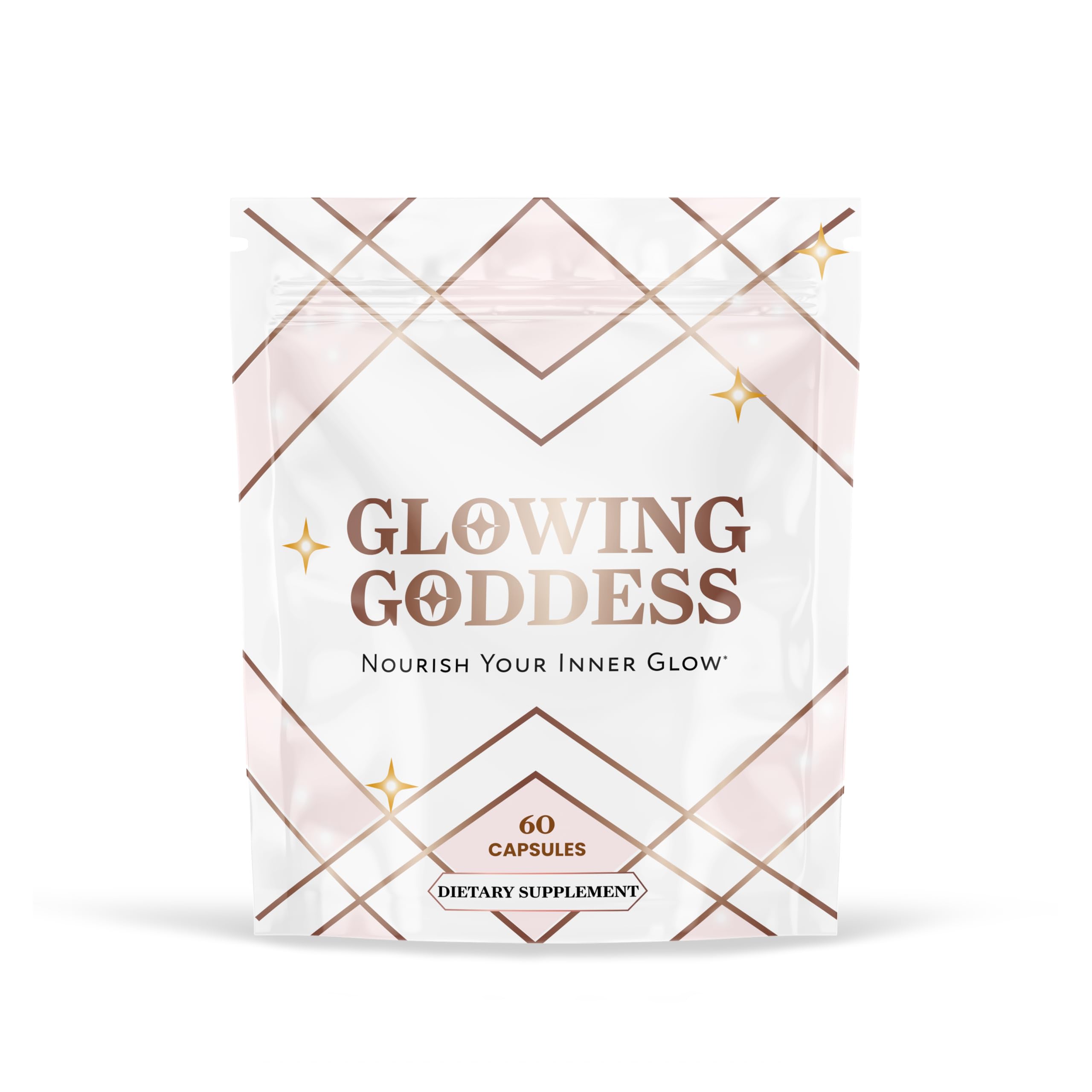 Glowing Goddess frasco frontal mostrando la etiqueta y beneficios claros