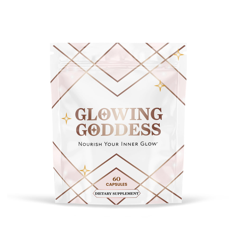 Glowing Goddess frasco frontal mostrando la etiqueta y beneficios claros