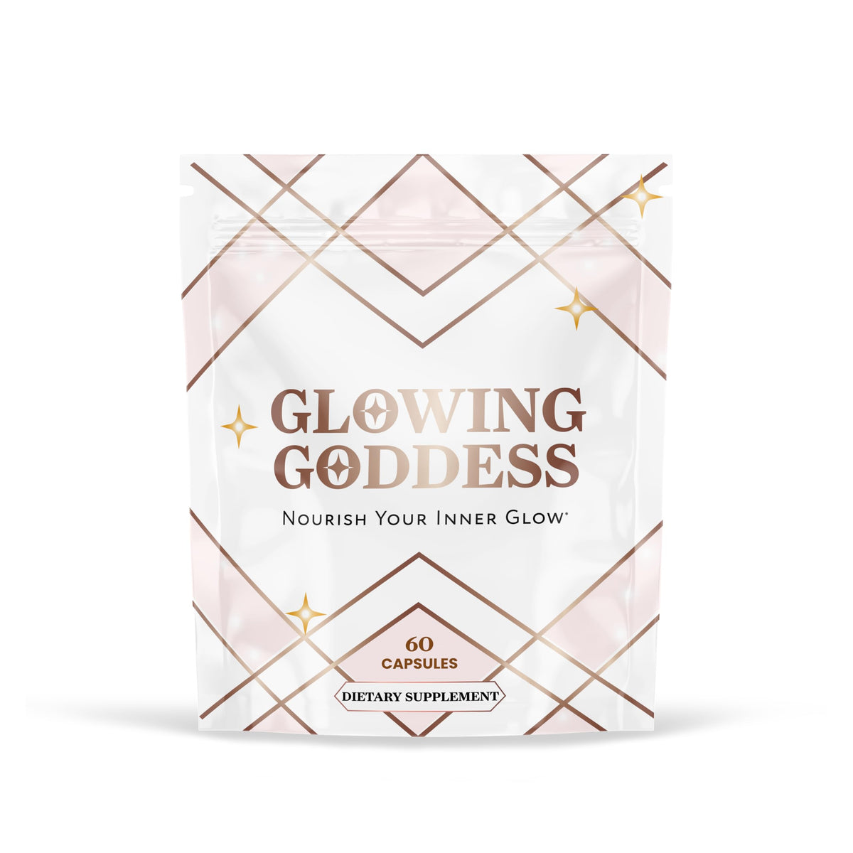 Glowing Goddess frasco frontal mostrando la etiqueta y beneficios claros