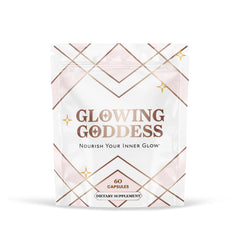 Glowing Goddess frasco frontal mostrando la etiqueta y beneficios claros