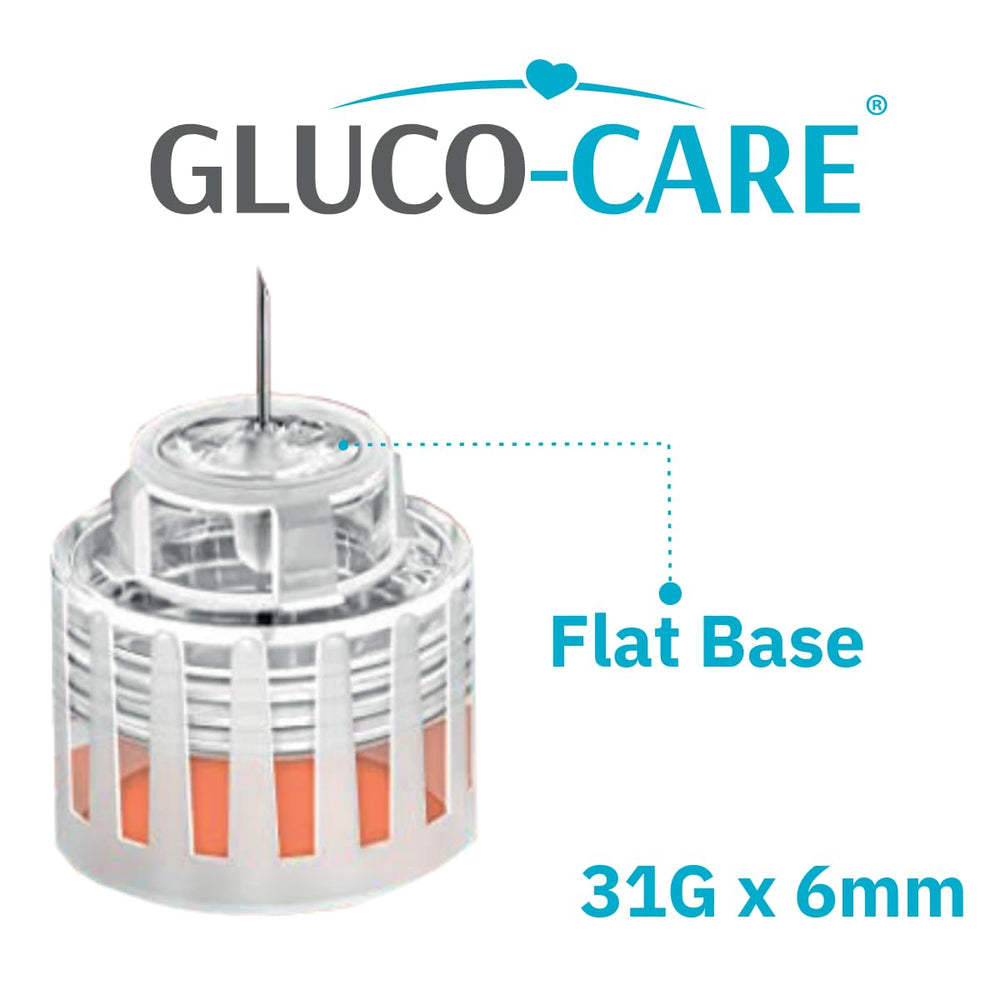 GLUCO-CARE comparación de tamaño junto a regla, indica longitud 6mm