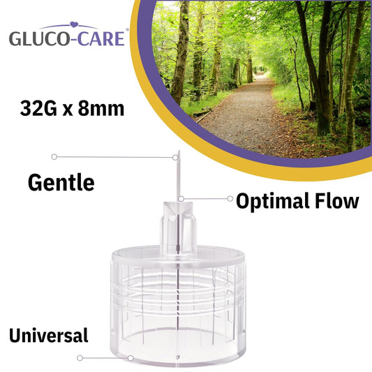 GLUCO-CARE detalle de aguja 32G x 8 mm que facilita inserciones precisas